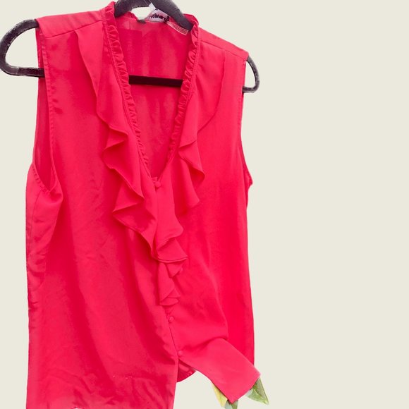 NWT, Karl Lagerfeld Paris, Sleeveless Ruffled Blouse, Red, Large - Picture 6 of 7